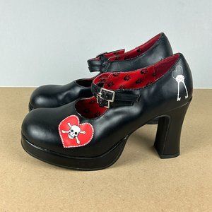 TUK Skulls and Hearts Mary Jane Heels Womens 7 Black Red Faux Lea…